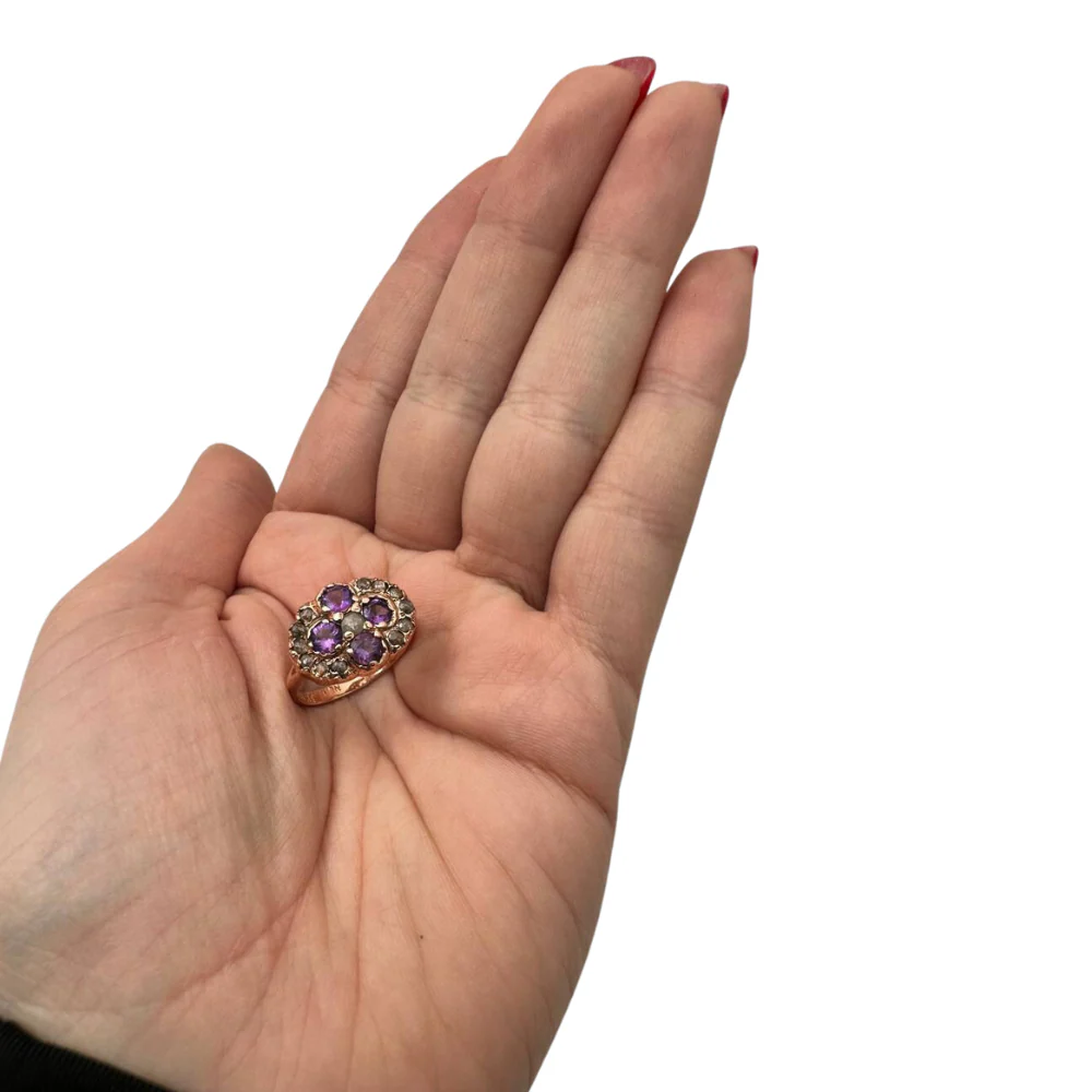 Vintage Style Amethyst and Old Cut Diamonds 14k Gold Ring - Image 3