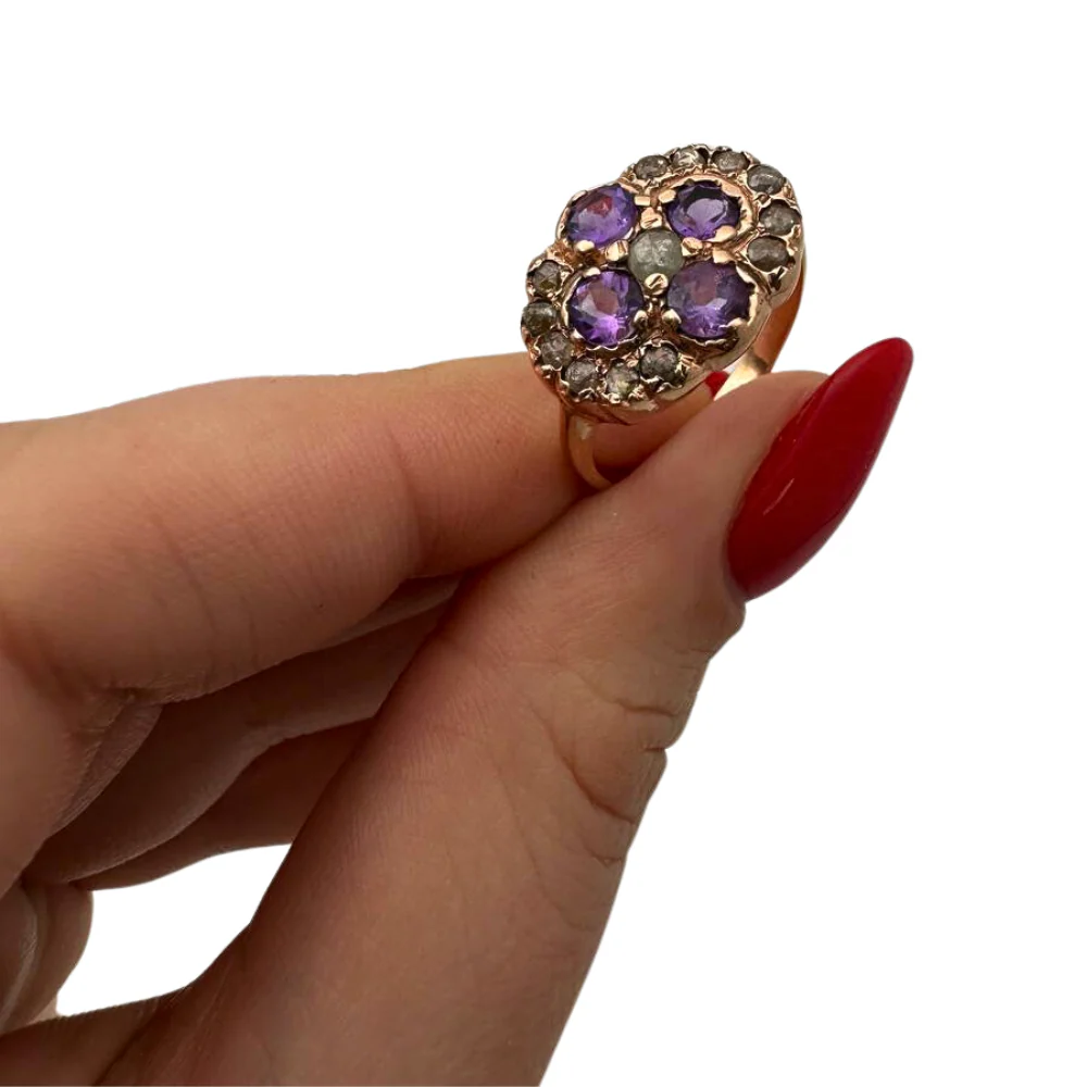 Vintage Style Amethyst and Old Cut Diamonds 14k Gold Ring - Image 4