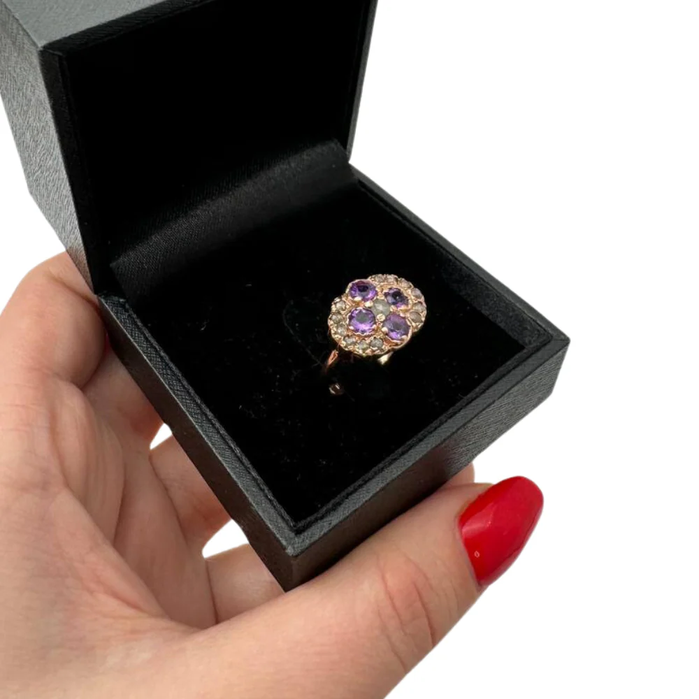 Vintage Style Amethyst and Old Cut Diamonds 14k Gold Ring - Image 5