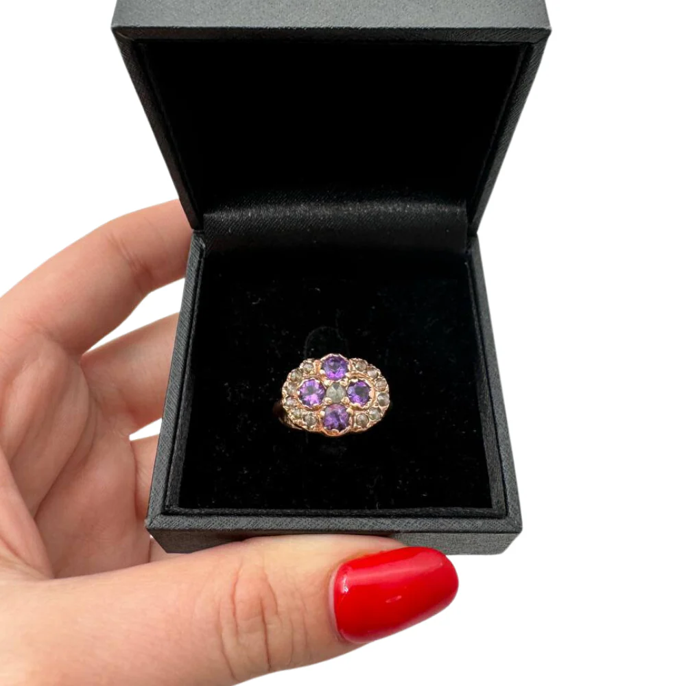 Vintage Style Amethyst and Old Cut Diamonds 14k Gold Ring - Image 6