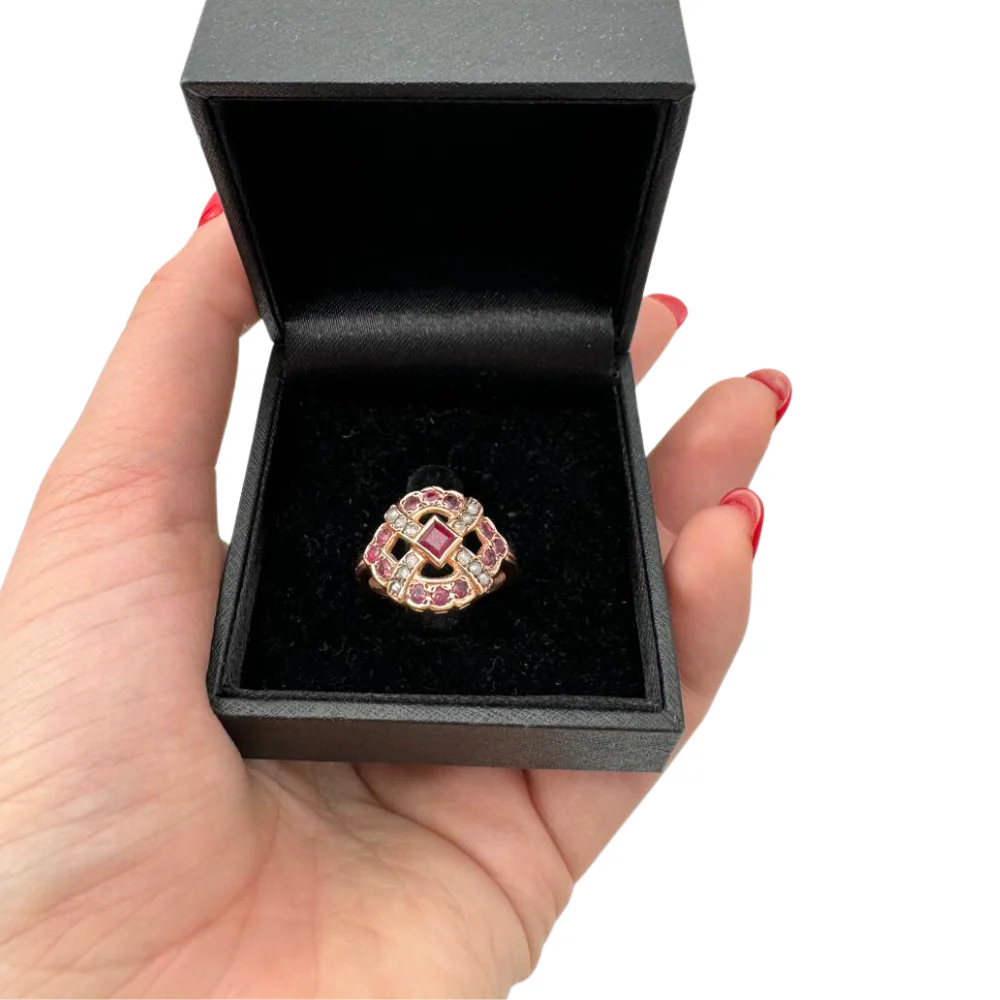 Vintage Style Rubies and Old Cut Diamonds 14k Rose Gold Ring - Image 4