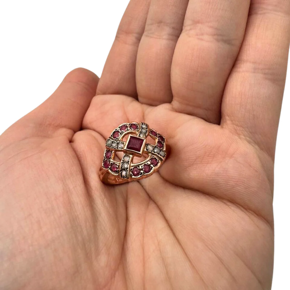 Vintage Style Rubies and Old Cut Diamonds 14k Rose Gold Ring - Image 5