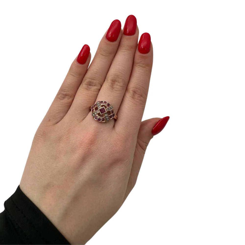 Vintage Style Rubies and Old Cut Diamonds 14k Rose Gold Ring - Image 6