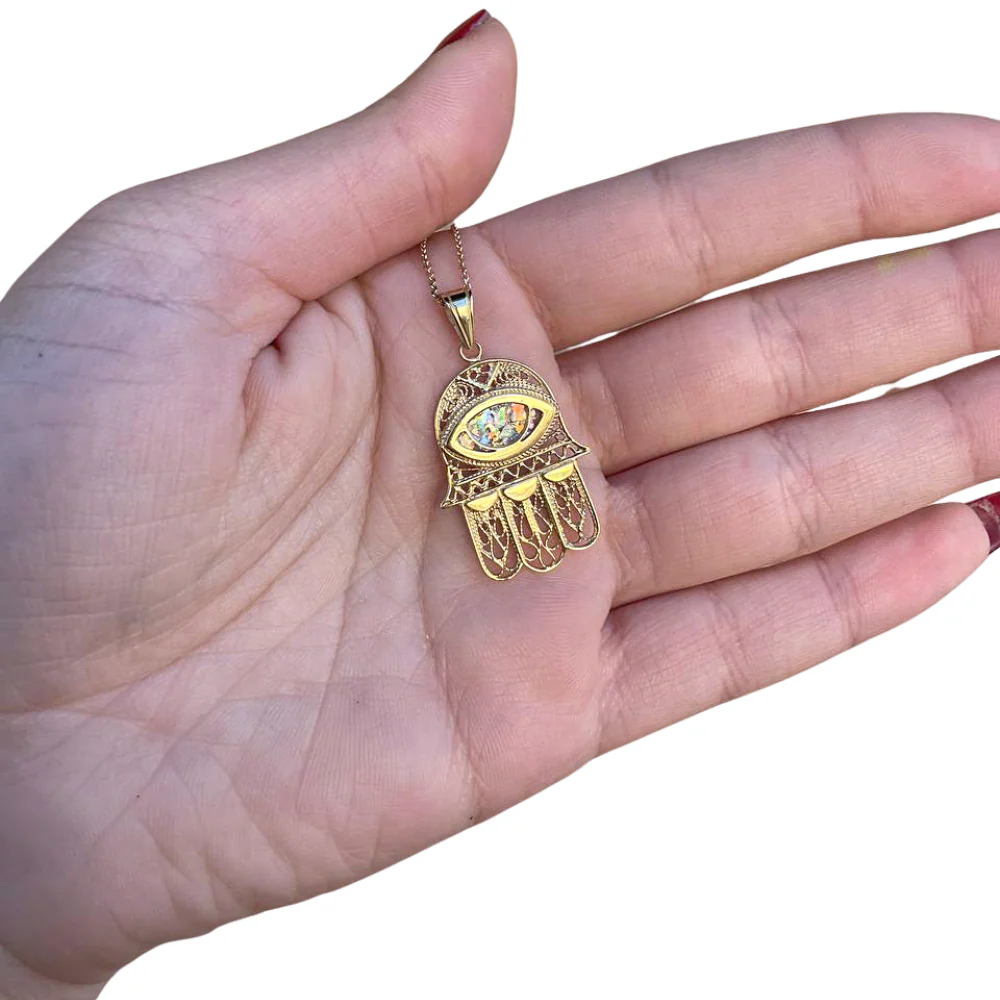 Hamsa and Evil Eye Roman Glass Pendant in 14k Gold Filigree - Image 3