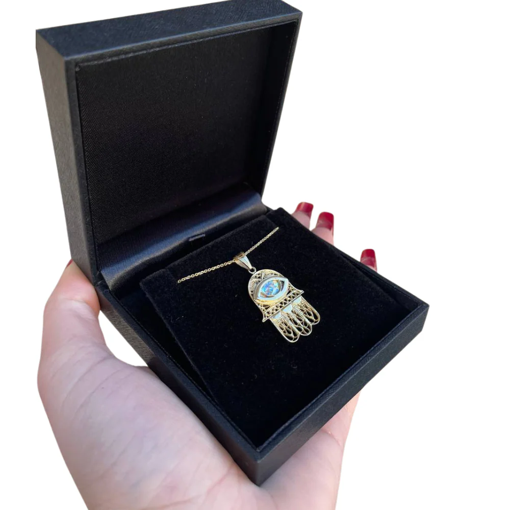 Hamsa and Evil Eye Roman Glass Pendant in 14k Gold Filigree - Image 4